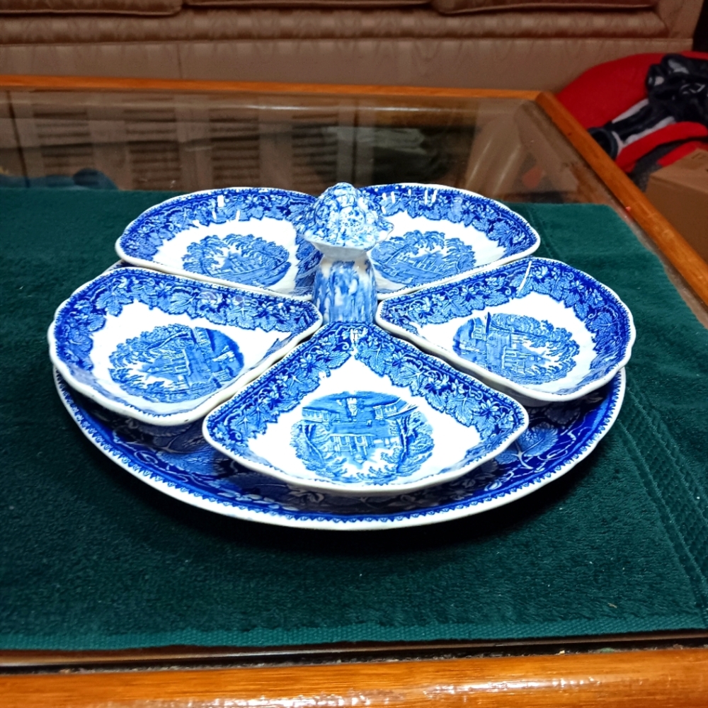 RARE Mason's Vista Blue 6 PC Relish Set 5 Tri Relish & Center Handle Tray